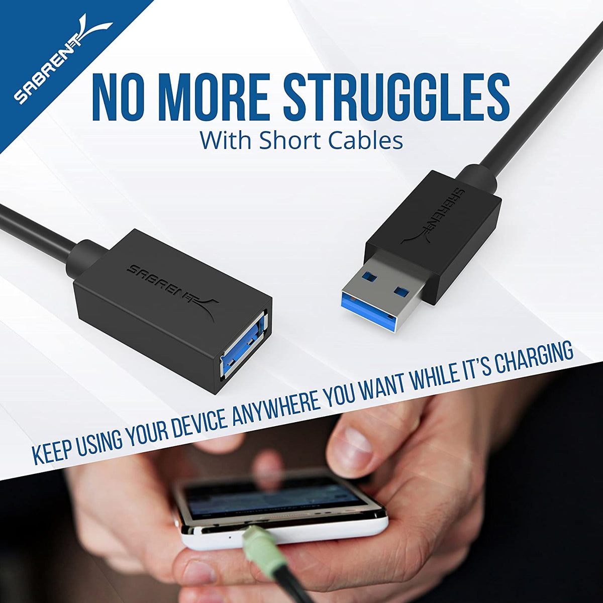 22AWG USB 3.0 Extension Cable - A-Male to A-Female [Black] 3 Feet