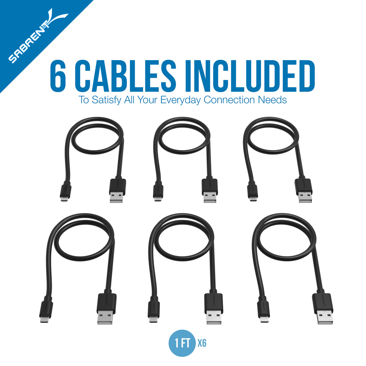 [6-Pack] 22AWG Premium 1ft Micro USB Cables High Speed USB 2.0 A Male to Micro B Sync and Charge Cables [Black]