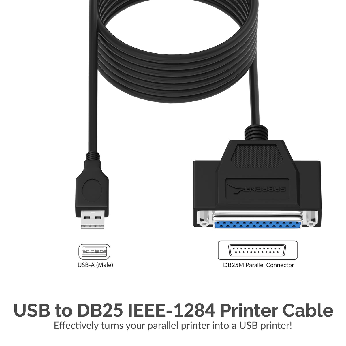 USB 2.0 To DB25 IEEE-1284 Parallel Printer Cable Adapter [HEXNUT Connectors]